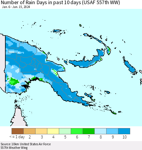 Papua New Guinea Number of Rain Days in past 10 days (USAF 557th WW) Thematic Map For 1/11/2024 - 1/15/2024