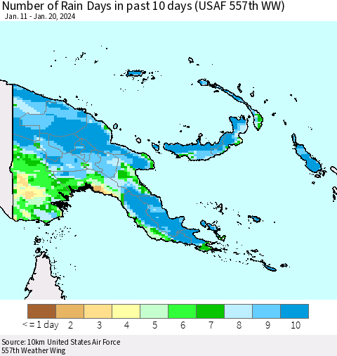 Papua New Guinea Number of Rain Days in past 10 days (USAF 557th WW) Thematic Map For 1/16/2024 - 1/20/2024