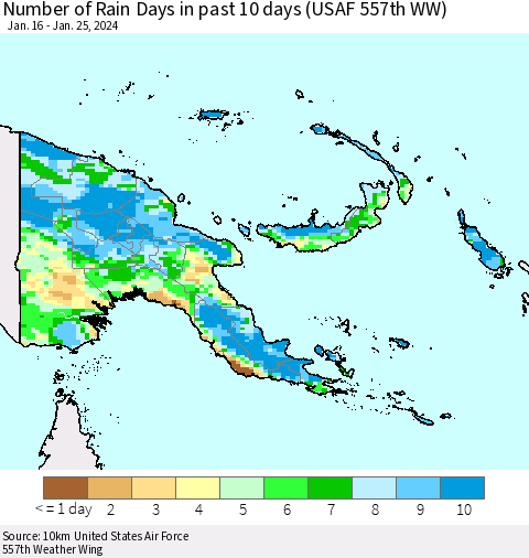 Papua New Guinea Number of Rain Days in past 10 days (USAF 557th WW) Thematic Map For 1/21/2024 - 1/25/2024