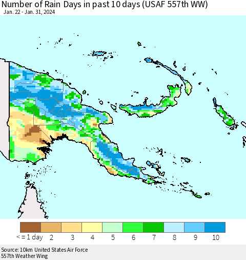 Papua New Guinea Number of Rain Days in past 10 days (USAF 557th WW) Thematic Map For 1/26/2024 - 1/31/2024