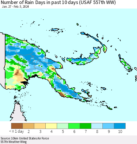 Papua New Guinea Number of Rain Days in past 10 days (USAF 557th WW) Thematic Map For 2/1/2024 - 2/5/2024
