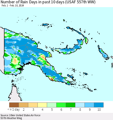 Papua New Guinea Number of Rain Days in past 10 days (USAF 557th WW) Thematic Map For 2/6/2024 - 2/10/2024