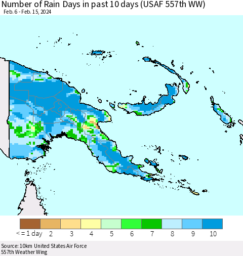 Papua New Guinea Number of Rain Days in past 10 days (USAF 557th WW) Thematic Map For 2/11/2024 - 2/15/2024