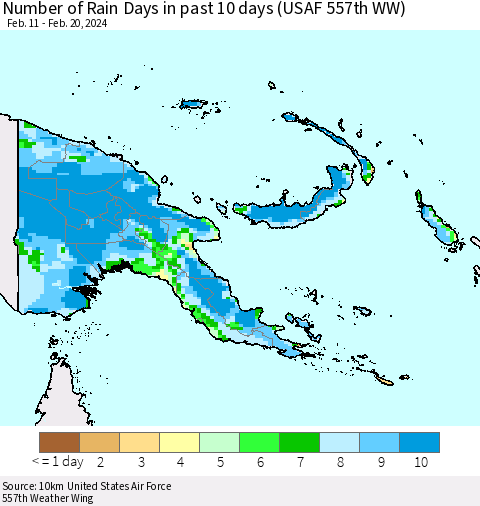 Papua New Guinea Number of Rain Days in past 10 days (USAF 557th WW) Thematic Map For 2/16/2024 - 2/20/2024
