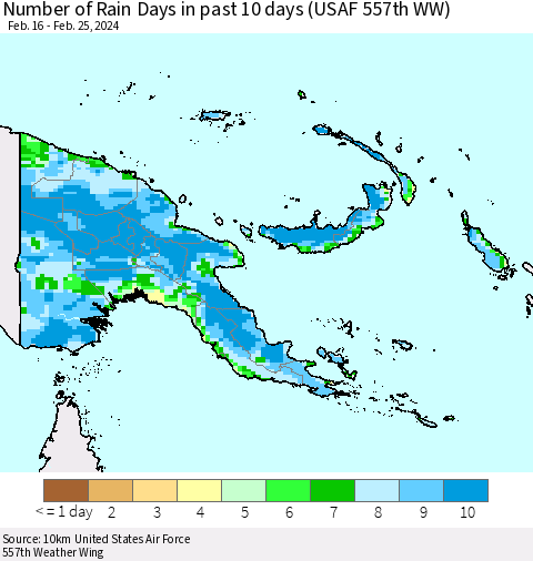 Papua New Guinea Number of Rain Days in past 10 days (USAF 557th WW) Thematic Map For 2/21/2024 - 2/25/2024