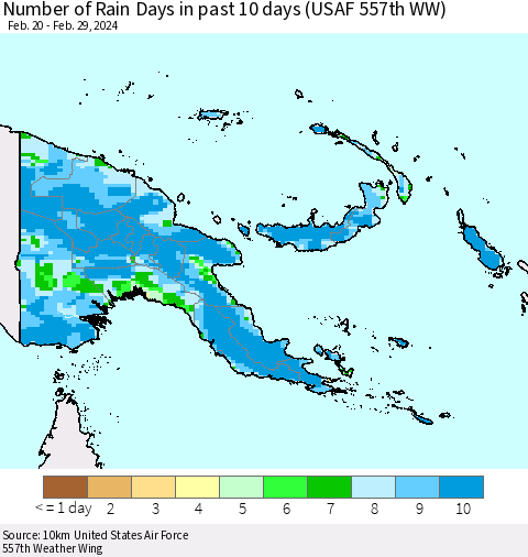 Papua New Guinea Number of Rain Days in past 10 days (USAF 557th WW) Thematic Map For 2/26/2024 - 2/29/2024