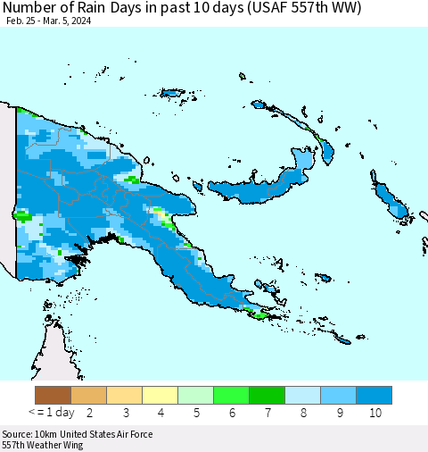 Papua New Guinea Number of Rain Days in past 10 days (USAF 557th WW) Thematic Map For 3/1/2024 - 3/5/2024