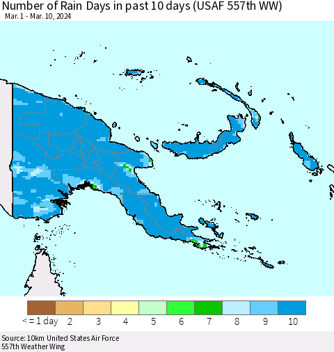 Papua New Guinea Number of Rain Days in past 10 days (USAF 557th WW) Thematic Map For 3/6/2024 - 3/10/2024