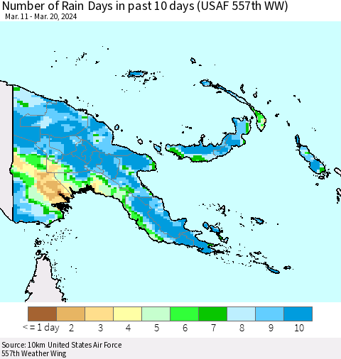 Papua New Guinea Number of Rain Days in past 10 days (USAF 557th WW) Thematic Map For 3/16/2024 - 3/20/2024