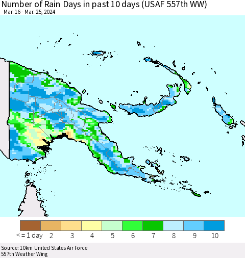 Papua New Guinea Number of Rain Days in past 10 days (USAF 557th WW) Thematic Map For 3/21/2024 - 3/25/2024