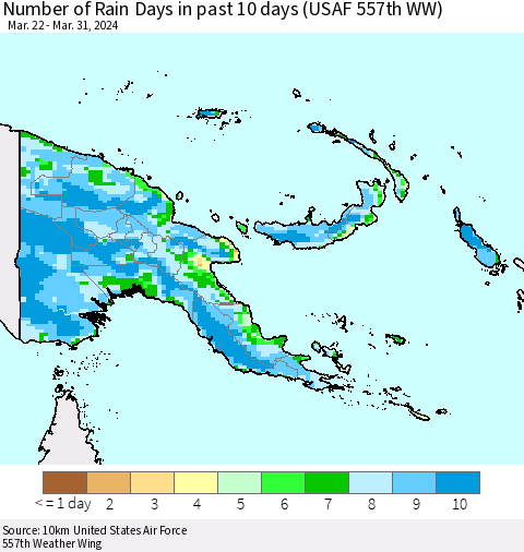 Papua New Guinea Number of Rain Days in past 10 days (USAF 557th WW) Thematic Map For 3/26/2024 - 3/31/2024