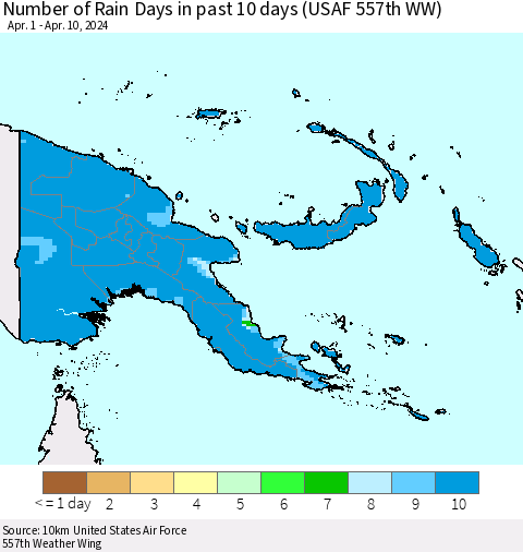 Papua New Guinea Number of Rain Days in past 10 days (USAF 557th WW) Thematic Map For 4/6/2024 - 4/10/2024