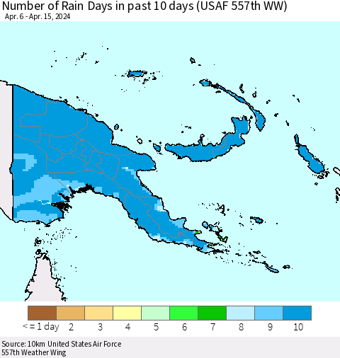 Papua New Guinea Number of Rain Days in past 10 days (USAF 557th WW) Thematic Map For 4/11/2024 - 4/15/2024