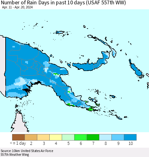 Papua New Guinea Number of Rain Days in past 10 days (USAF 557th WW) Thematic Map For 4/16/2024 - 4/20/2024