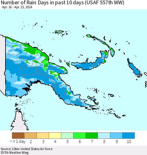 Papua New Guinea Number of Rain Days in past 10 days (USAF 557th WW) Thematic Map For 4/21/2024 - 4/25/2024