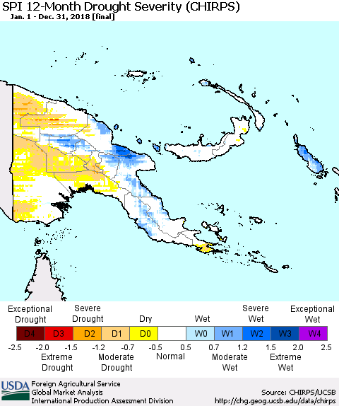 Papua New Guinea SPI 12-Month Drought Severity (CHIRPS) Thematic Map For 1/1/2018 - 12/31/2018