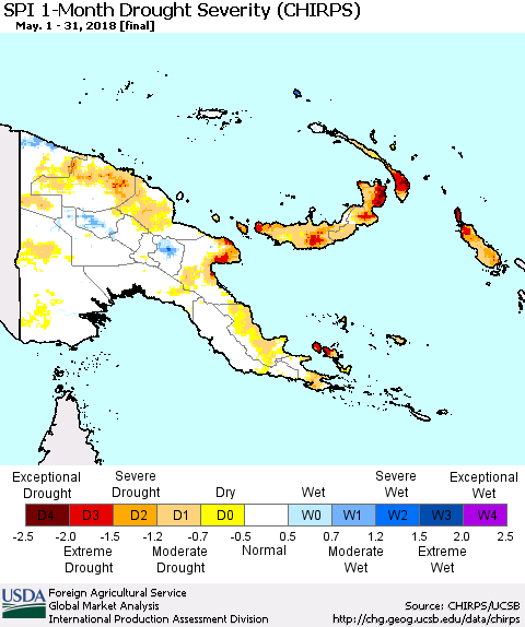 Papua New Guinea SPI 1-Month Drought Severity (CHIRPS) Thematic Map For 5/1/2018 - 5/31/2018