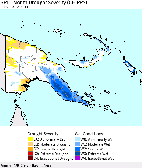 Papua New Guinea SPI 1-Month Drought Severity (CHIRPS) Thematic Map For 1/1/2024 - 1/31/2024