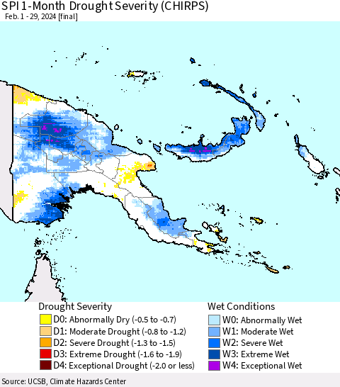 Papua New Guinea SPI 1-Month Drought Severity (CHIRPS) Thematic Map For 2/1/2024 - 2/29/2024