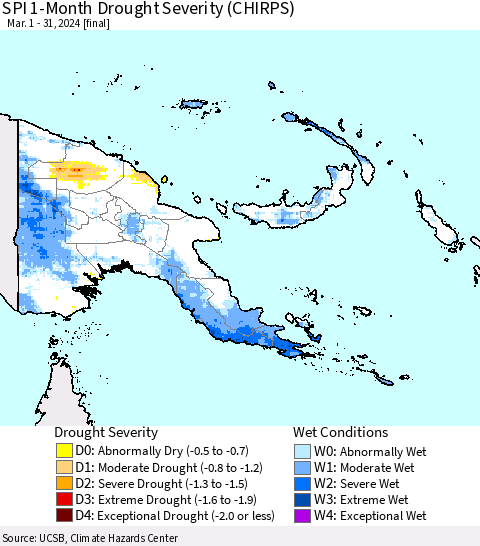 Papua New Guinea SPI 1-Month Drought Severity (CHIRPS) Thematic Map For 3/1/2024 - 3/31/2024