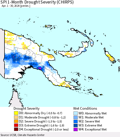 Papua New Guinea SPI 1-Month Drought Severity (CHIRPS) Thematic Map For 4/1/2024 - 4/30/2024