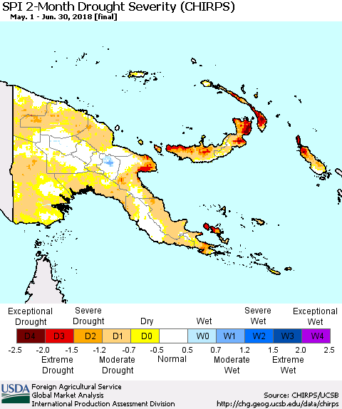 Papua New Guinea SPI 2-Month Drought Severity (CHIRPS) Thematic Map For 5/1/2018 - 6/30/2018