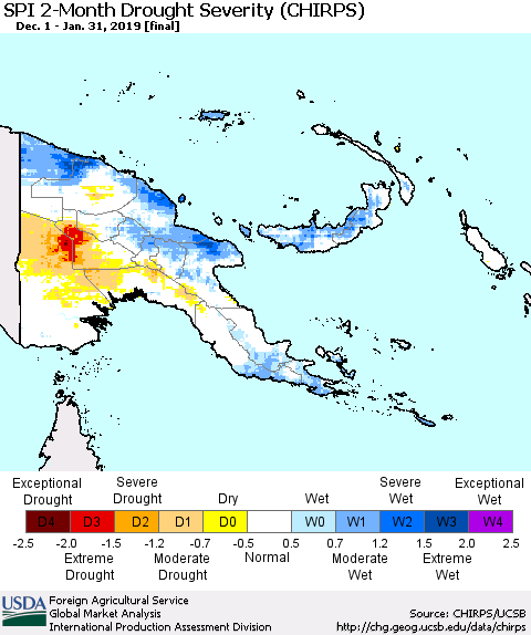Papua New Guinea SPI 2-Month Drought Severity (CHIRPS) Thematic Map For 12/1/2018 - 1/31/2019