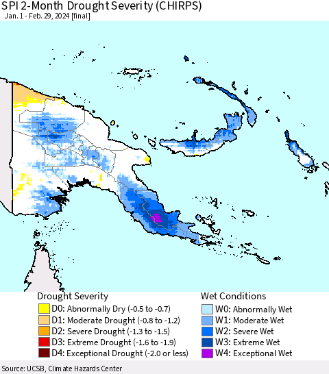 Papua New Guinea SPI 2-Month Drought Severity (CHIRPS) Thematic Map For 1/1/2024 - 2/29/2024