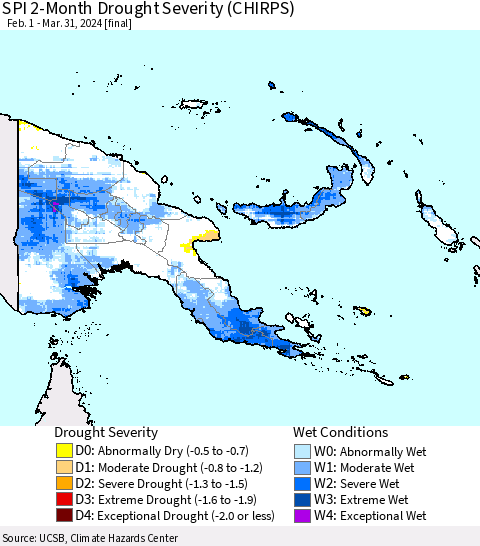 Papua New Guinea SPI 2-Month Drought Severity (CHIRPS) Thematic Map For 2/1/2024 - 3/31/2024