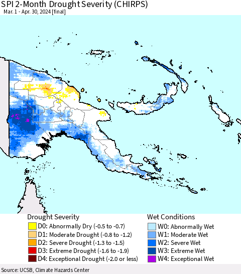 Papua New Guinea SPI 2-Month Drought Severity (CHIRPS) Thematic Map For 3/1/2024 - 4/30/2024