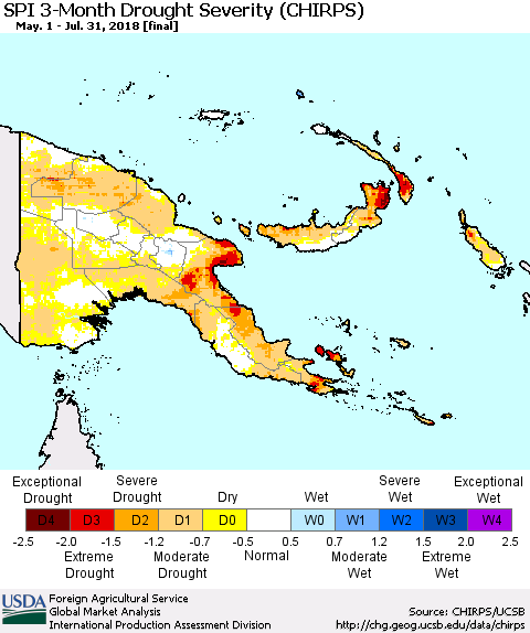 Papua New Guinea SPI 3-Month Drought Severity (CHIRPS) Thematic Map For 5/1/2018 - 7/31/2018