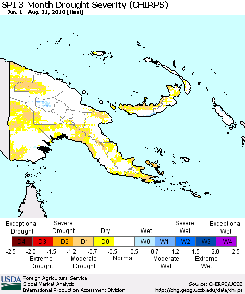 Papua New Guinea SPI 3-Month Drought Severity (CHIRPS) Thematic Map For 6/1/2018 - 8/31/2018