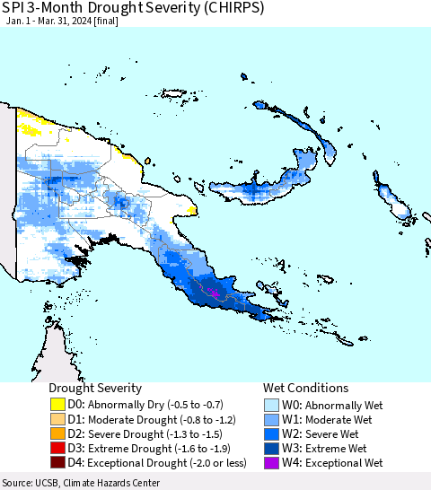 Papua New Guinea SPI 3-Month Drought Severity (CHIRPS) Thematic Map For 1/1/2024 - 3/31/2024