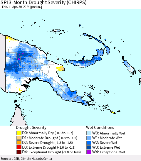 Papua New Guinea SPI 3-Month Drought Severity (CHIRPS) Thematic Map For 2/1/2024 - 4/30/2024