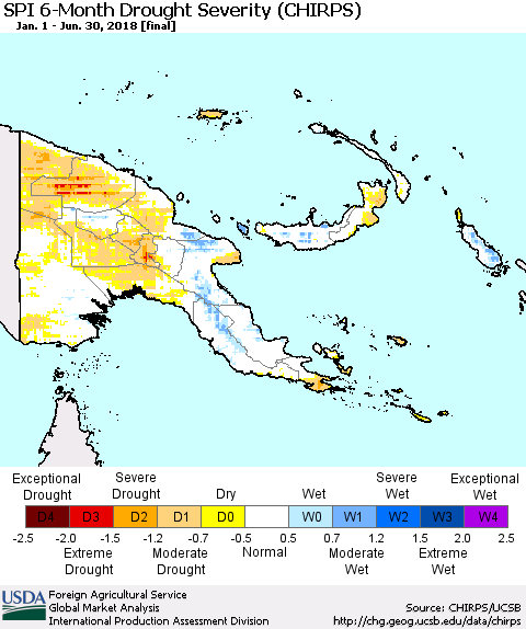 Papua New Guinea SPI 6-Month Drought Severity (CHIRPS) Thematic Map For 1/1/2018 - 6/30/2018