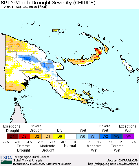 Papua New Guinea SPI 6-Month Drought Severity (CHIRPS) Thematic Map For 4/1/2018 - 9/30/2018