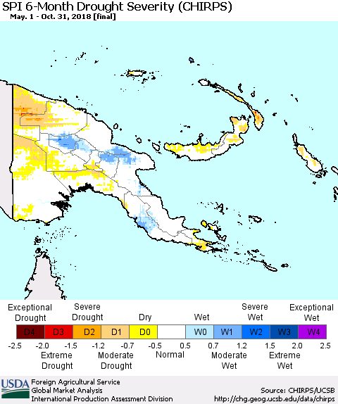 Papua New Guinea SPI 6-Month Drought Severity (CHIRPS) Thematic Map For 5/1/2018 - 10/31/2018