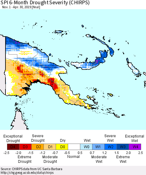 Papua New Guinea SPI 6-Month Drought Severity (CHIRPS) Thematic Map For 11/1/2018 - 4/30/2019