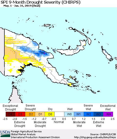 Papua New Guinea SPI 9-Month Drought Severity (CHIRPS) Thematic Map For 5/1/2018 - 1/31/2019