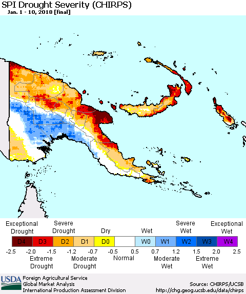 Papua New Guinea SPI Drought Severity (CHIRPS) Thematic Map For 1/1/2018 - 1/10/2018