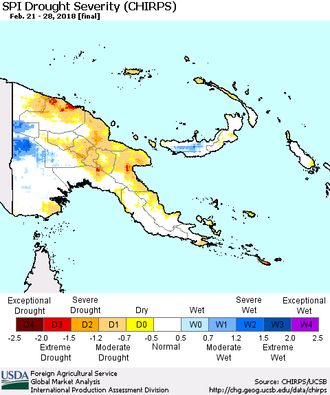 Papua New Guinea SPI Drought Severity (CHIRPS) Thematic Map For 2/21/2018 - 2/28/2018