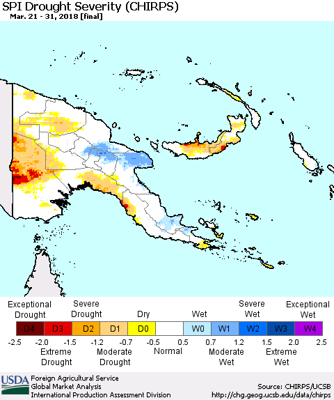 Papua New Guinea SPI Drought Severity (CHIRPS) Thematic Map For 3/21/2018 - 3/31/2018