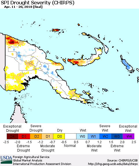 Papua New Guinea SPI Drought Severity (CHIRPS) Thematic Map For 4/11/2018 - 4/20/2018