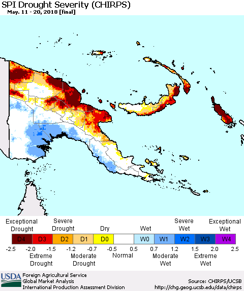 Papua New Guinea SPI Drought Severity (CHIRPS) Thematic Map For 5/11/2018 - 5/20/2018