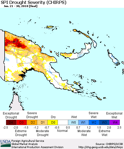 Papua New Guinea SPI Drought Severity (CHIRPS) Thematic Map For 6/21/2018 - 6/30/2018