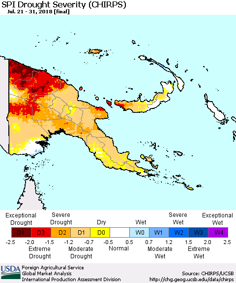 Papua New Guinea SPI Drought Severity (CHIRPS) Thematic Map For 7/21/2018 - 7/31/2018