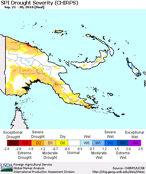 Papua New Guinea SPI Drought Severity (CHIRPS) Thematic Map For 9/21/2018 - 9/30/2018