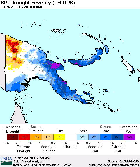 Papua New Guinea SPI Drought Severity (CHIRPS) Thematic Map For 10/21/2018 - 10/31/2018