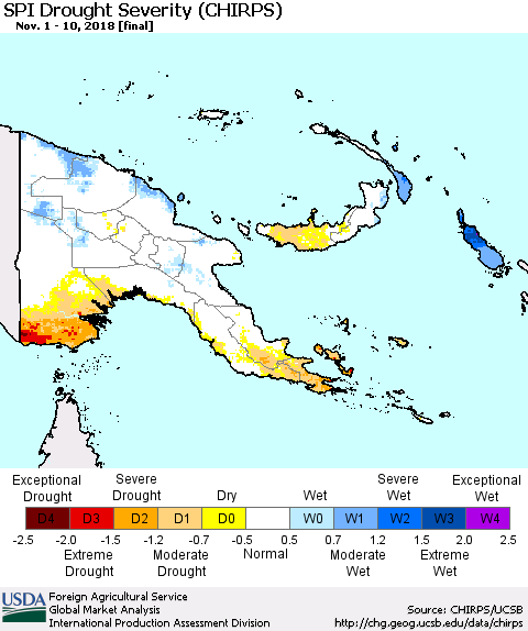 Papua New Guinea SPI Drought Severity (CHIRPS) Thematic Map For 11/1/2018 - 11/10/2018