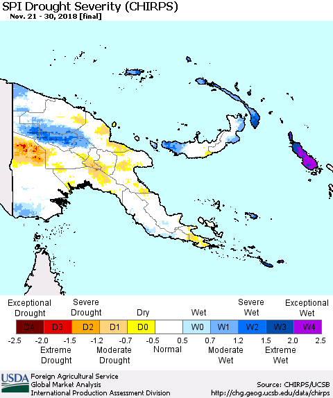 Papua New Guinea SPI Drought Severity (CHIRPS) Thematic Map For 11/21/2018 - 11/30/2018